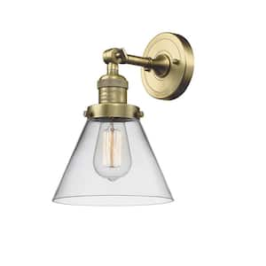 Cone 1-Light Clear, Antique Brass Wall Sconce with Clear Glass Shade