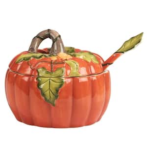 8.5 in. 112 fl. oz. Assorted Colors Earthenware Harvest Morning Pumpkin Tureen with Ladle Serving Bowl