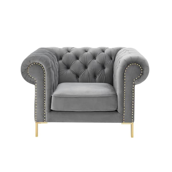 Inspired Home Journie Grey Upholstered Velvet Club Chair With Button Tufted