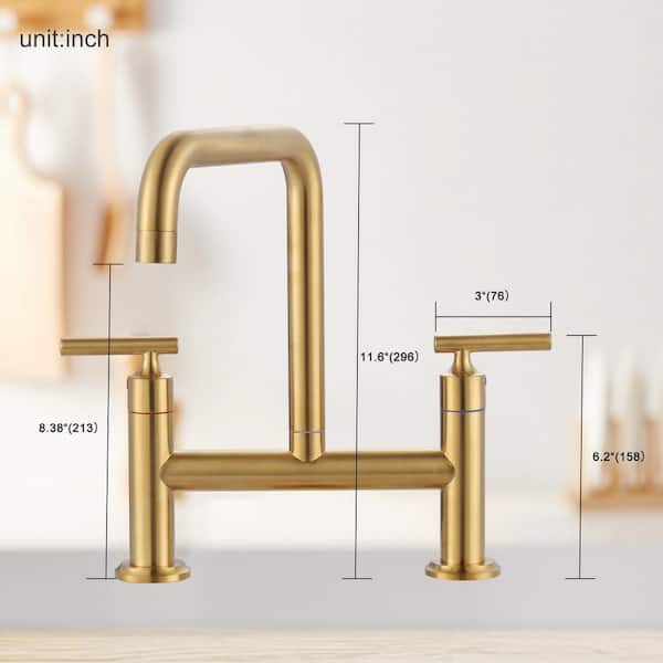AVITAS Double Handle 2-Hole Solid Brass Bridge Kitchen Faucet with