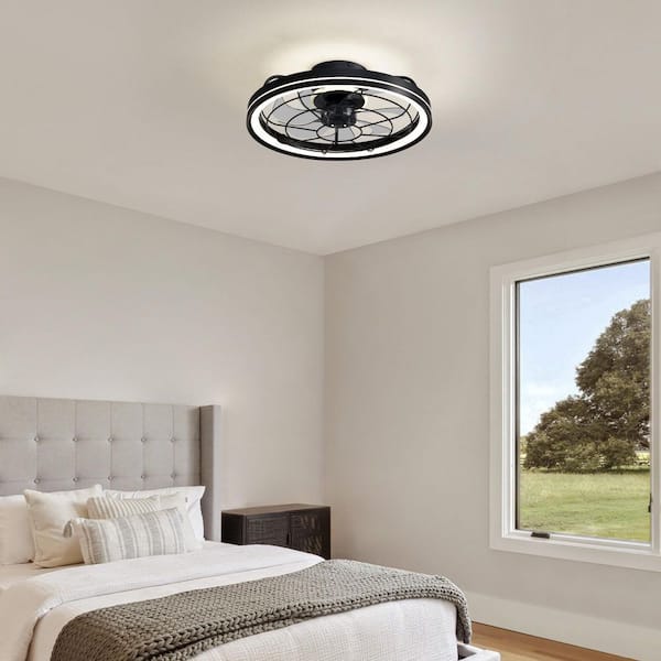 19 in. Indoor Black Caged Ceiling Fan with Integrated LED Light Modern Farmhouse Flush Mount Ceiling Fan