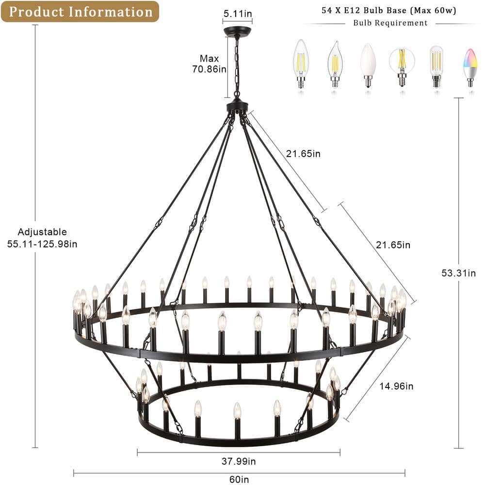 60-Inch Matte Black 2-Tier Wagon Wheel Chandelier with 54 Candle Lights