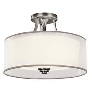 Lacey 15 in. 3-Light Antique Pewter Hallway Transitional Semi-Flush Mount Ceiling Light with Organza Shade