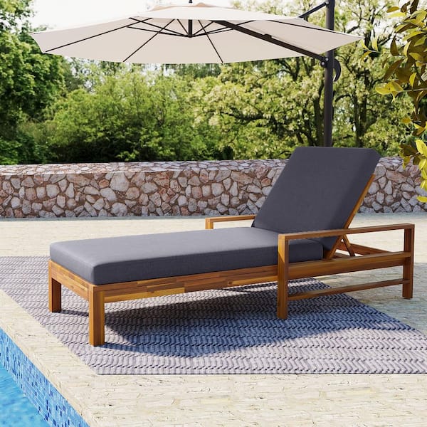 1-Pieces Acacia Wood Outdoor Chaise Lounge with Adjustable Backrest and Gray Cushions for Gardens Patio Balconies