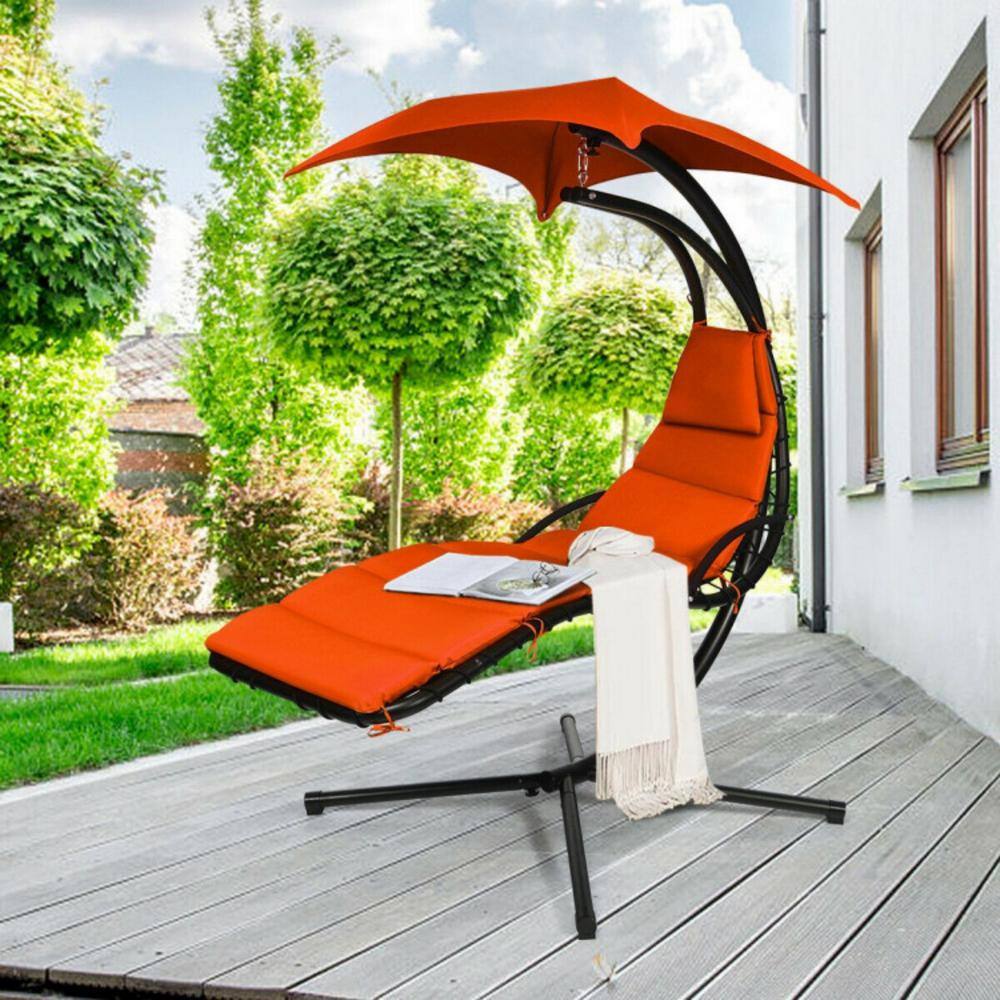 Orange Hanging Chaise Lounge Chair with Cushions and Canopy