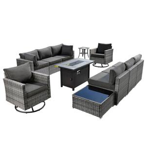 Messi Gray 11-Piece Wicker Outdoor Patio Conversation Sectional Sofa Fire Pit Set with Swivel Chairs and Black Cushions