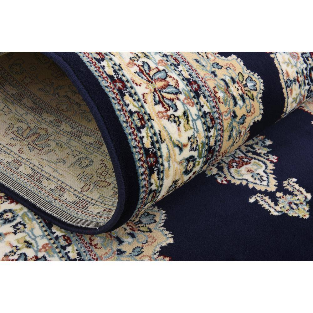 Navy Blue and Tan Stain-Resistant Synthetic Runner Rug