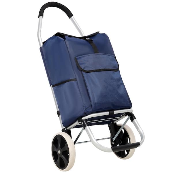 Folding Aluminium Serving Cart, Shopping Trolley with Wheels and Removable 40L Oxford Waterproof Bag, Blue