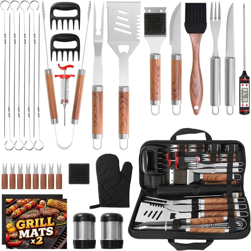 35‑Piece Stainless Steel BBQ Grilling Tool Set with Canvas Storage Bag, Complete Grill Accessories Kit for Barbecue