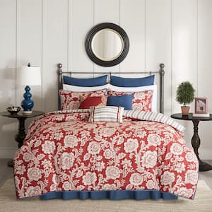 9-Piece Red Cotton Twill Reversible Queen Duvet Cover Set