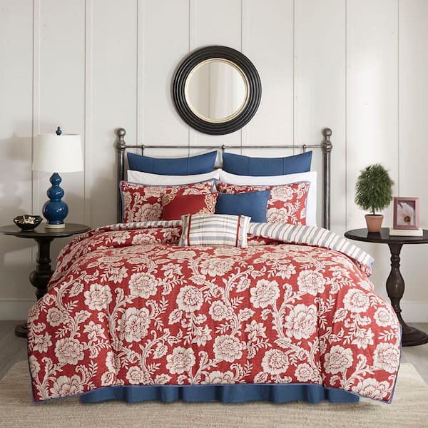 Afoxsos 9-Piece Red Cotton Twill Reversible Queen Duvet Cover Set