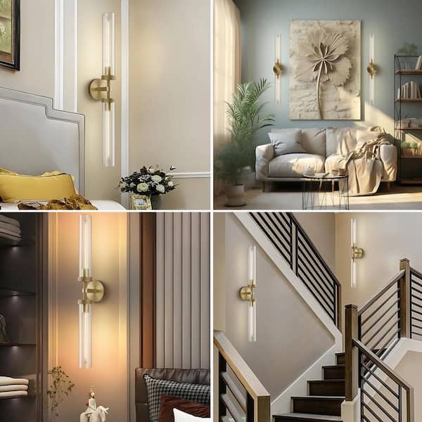 30 in. 2-Light Gold Wall Sconce Modern Wall Light with Double Glass Tube for Living Room Dining Room (2-Sets)