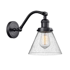 Cone 8 in. 1-Light Matte Black Wall Sconce with Seedy Glass Shade