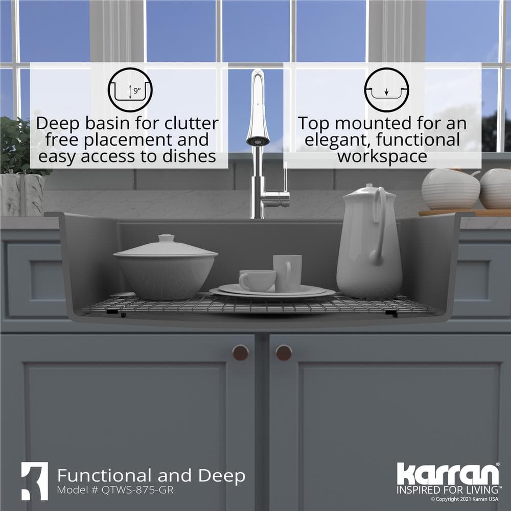 Gray Quartz 33'' Single Bowl Drop-in Workstation Sink