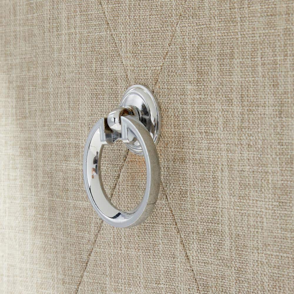 Gray Upholstered 3-Door Cabinet with Mirrored Top and Ring Handles