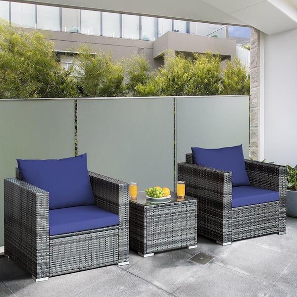 3-Piece Rattan Patio Conversation Furniture Set Outdoor Yard with Navy Cushion