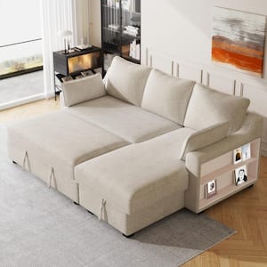 L-Shaped 90 in. Beige Convertible Sleeper Sofa Bed with Storage Chaise Lounge, Storage Racks, USB Ports