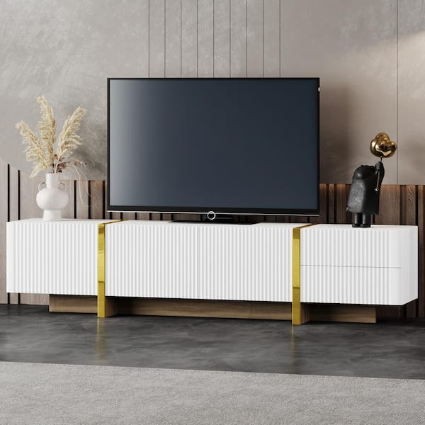 Nestfair 74.7 in. White Fluted TV Stand Fits TVs up to 89 in. with Storage Cabinets and 2 Drawers