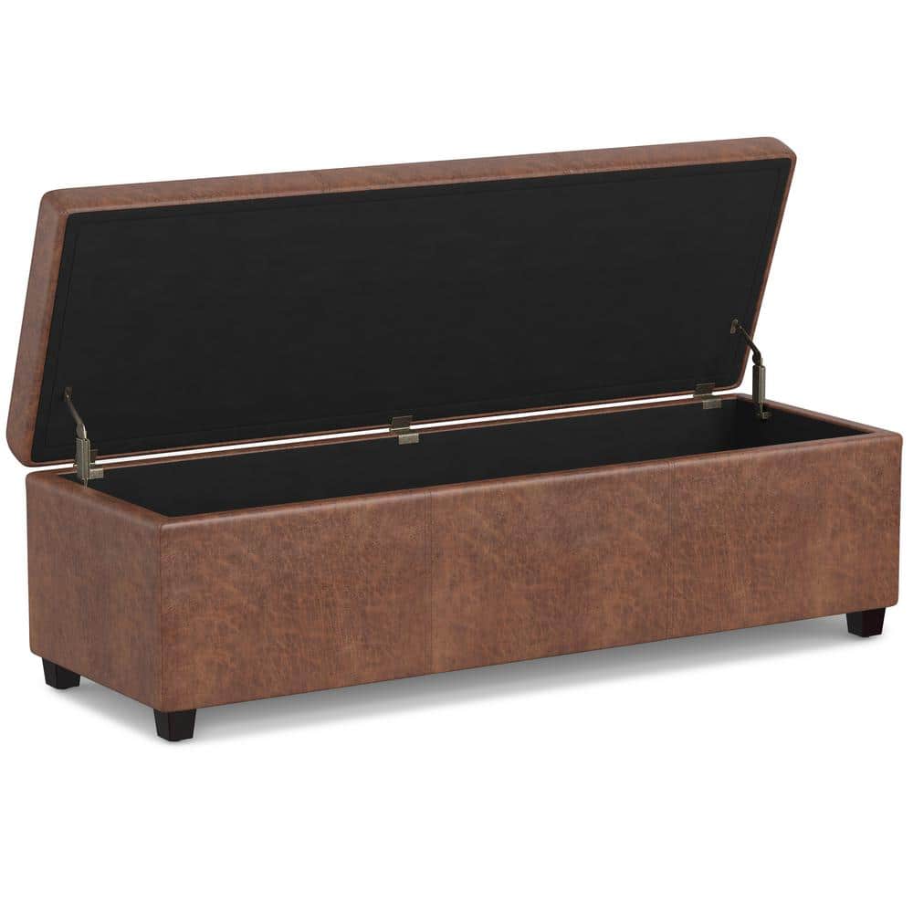 Distressed Saddle Brown Faux Leather Storage Ottoman Bench