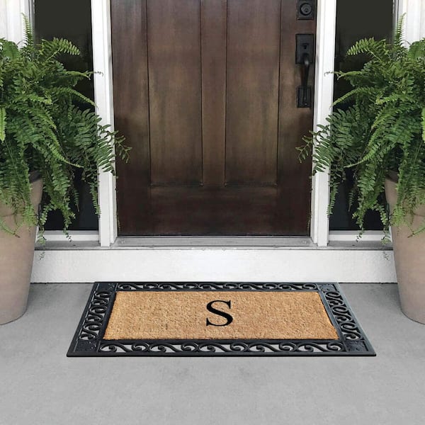 A1 Home Collections A1hc Stylish Leaf Border Black 23 in. x 38 in. Rubber and Coir Large Outdoor Durable Monogrammed G Door Mat