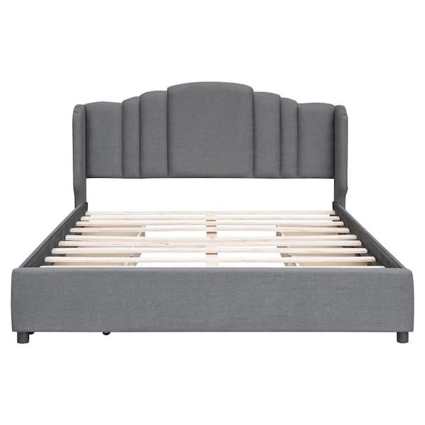 Harper & Bright Designs Gray Upholstered Wood Frame Queen Size Platform Bed with Wingback Headboard and 4-Storage Drawers