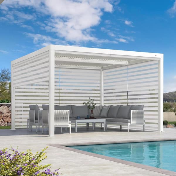 PURPLE LEAF 12 ft. x 12 ft. White Aluminum Louvered Pergola Gazebo with Adjustable Sunshade Roofs and 3-Side Roller Shade