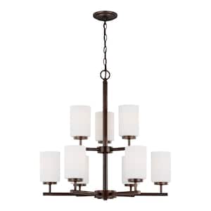 Oslo 9-Light Burnt Sienna Contemporary Hanging Chandelier with Cased Opal Etched Glass Shades