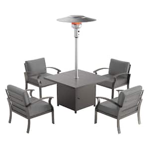5-Piece Aluminum Patio Conversation Set with Armrest, 45000-BTU Stainless Steel Burner Square Table and Cushion Grey