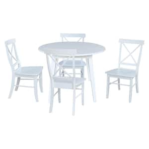 Set of 5-pcs - 42 in. White Drop-Leaf Solid Wood Table and 4-Side Chairs