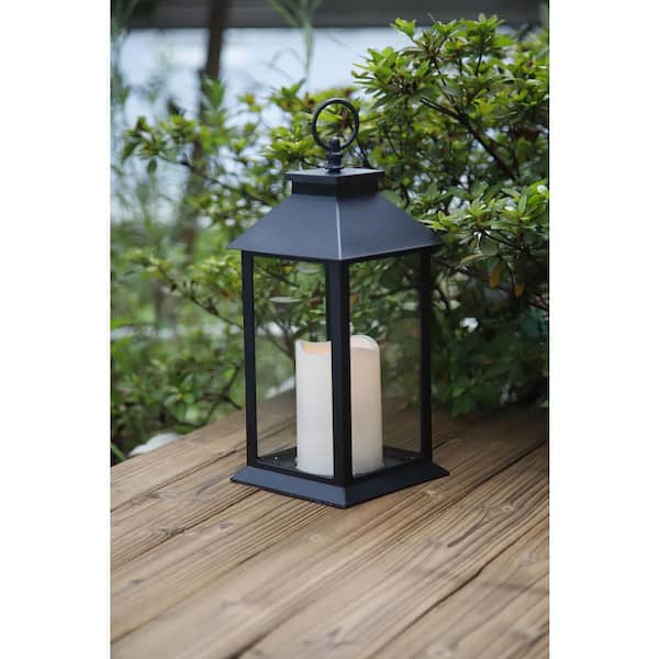 Afoxsos 13.7 in. x 5.6 in. Black Plastic Lantern with Candle 1