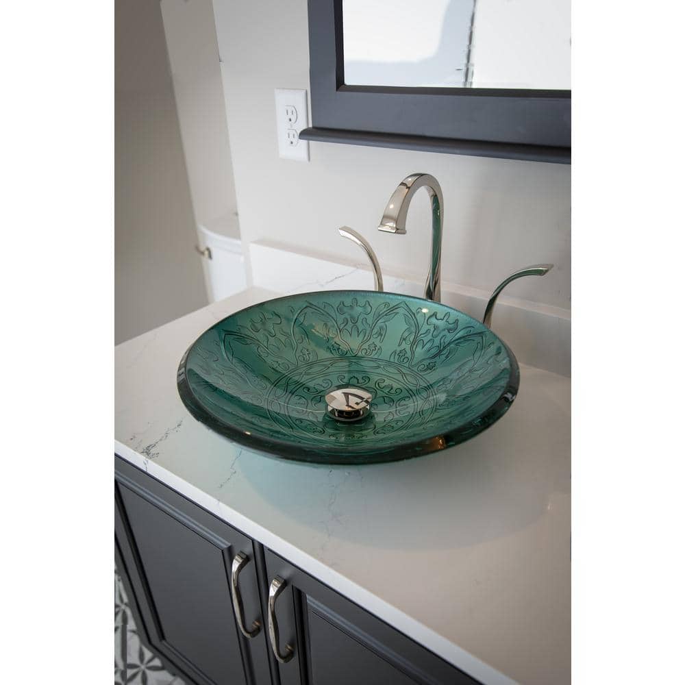 Teal Embossed Tempered Glass Circular Vessel Sink