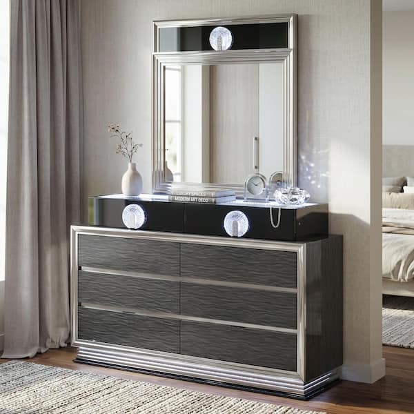 grey dresser with led lights Furniture of America Mckoy 2-Piece Charcoal Gray/Black 8-Drawer 62.75 in. Glass Top Mirror and Lighting N72020DG-DM led lights on bed frame