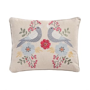 Angelica Linen Multicolor Embroidered Birds, Floral 14 in. x 18 in. Throw Pillow