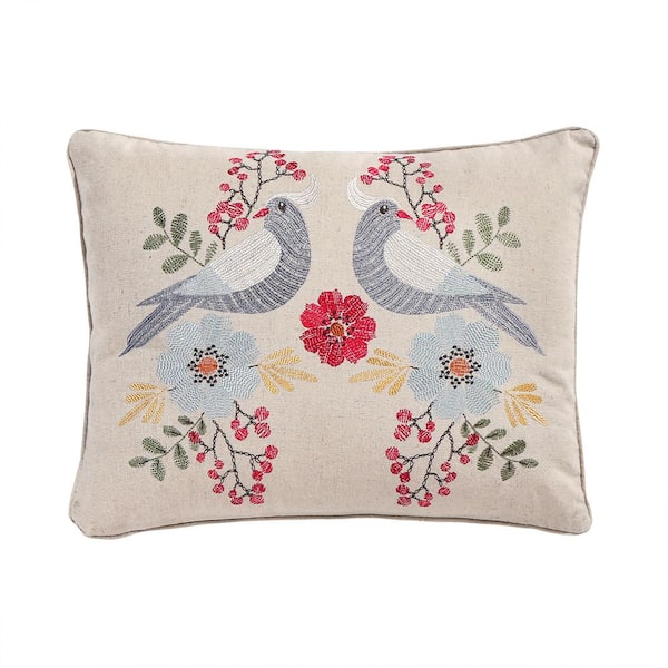 LEVTEX HOME Angelica Linen Multicolor Embroidered Birds, Floral 14 in. x 18 in. Throw Pillow