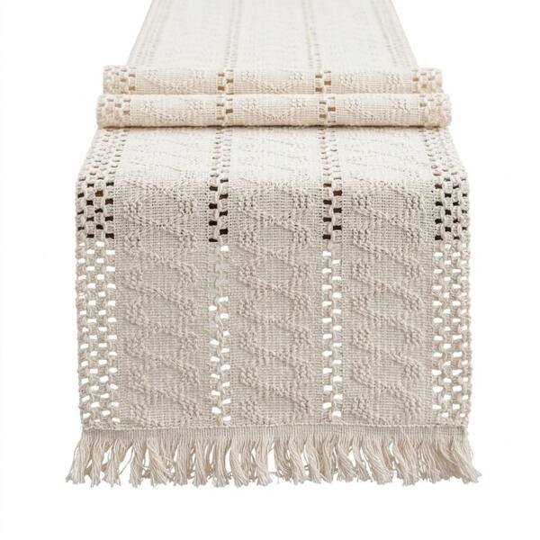 12 in. W x 71 in. L Beige Solid Color Cotton Blend Table Runner with Tassels for Table Decor 1 Pack