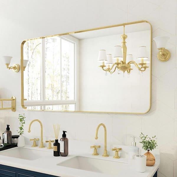 55 in. W x 30 in. H Rectangular Aluminum Framed Wall Bathroom Vanity Mirror in Gold