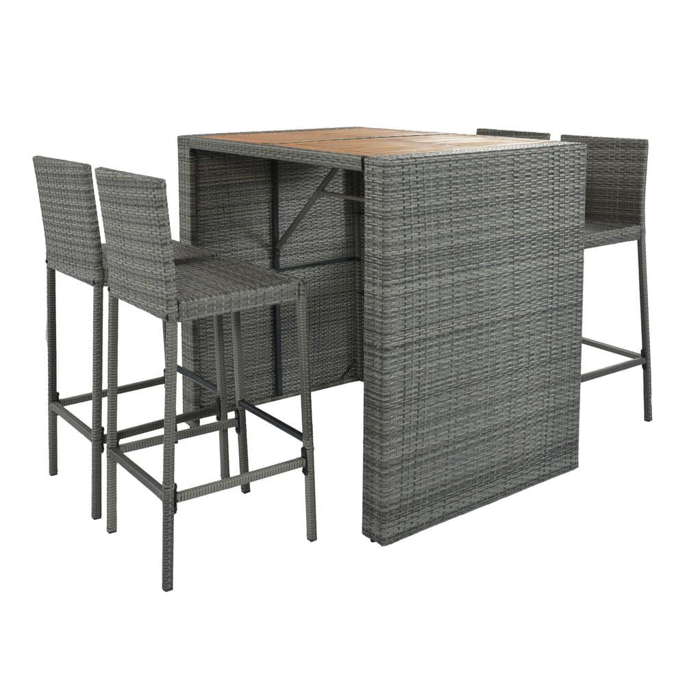 5-Piece Wicker Outdoor Serving Bar Set with Gray Cushions, Rattan Dining Set with Non-Slip Feet and Fixed Rope price history on PriceWatchPro