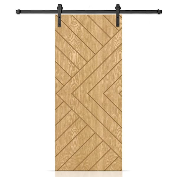 CALHOME 36 in. x 84 in. Chevron Arrow Hollow Core Weather Oak Oak Veneer Composite Interior Sliding Barn Door with Hardware Kit