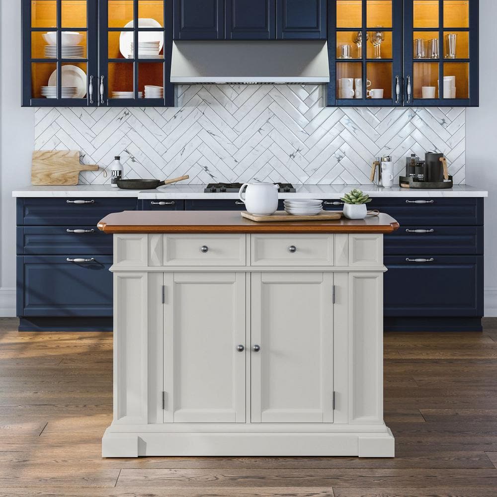 Crisp White and Distressed Oak Finish Spacious Kitchen Island