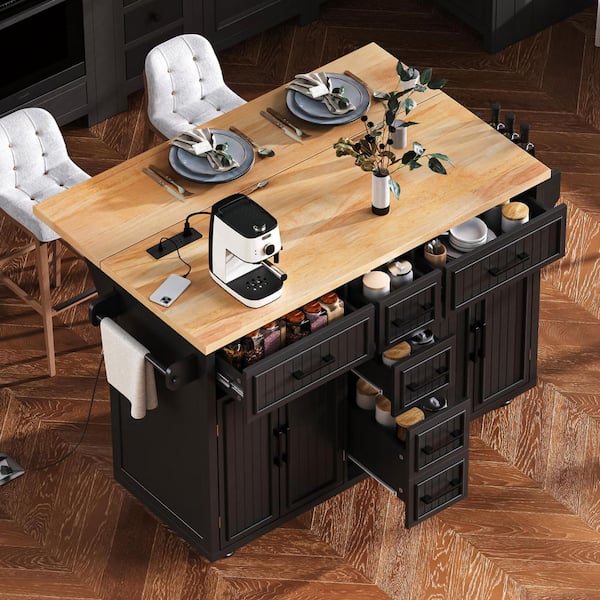Coastal Wood Black 56.5 in. Embossed Vertical Stripe Power Outlet Drop Leaf Rolling Kitchen Island with 4-Door