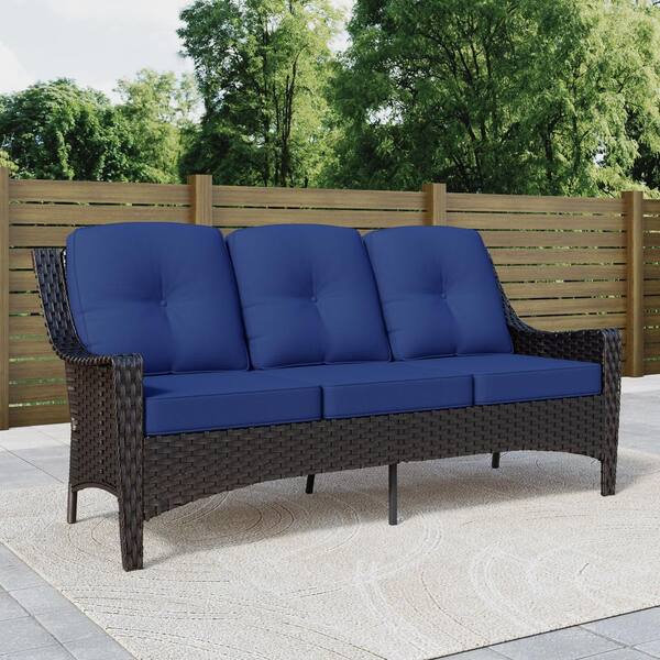 3-Seat Wicker Outdoor Patio Sofa Sectional Couch with Blue Cushions