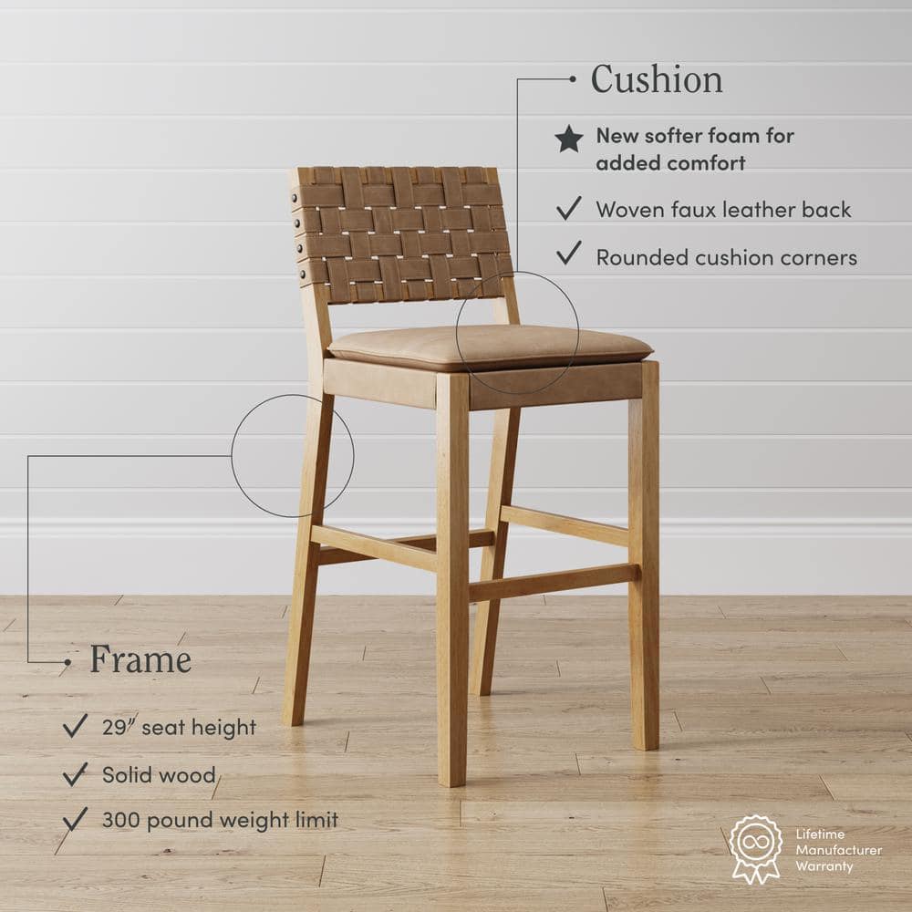 Cohen Natural Brown Wood and Faux Leather Bar Stools, Set of 4