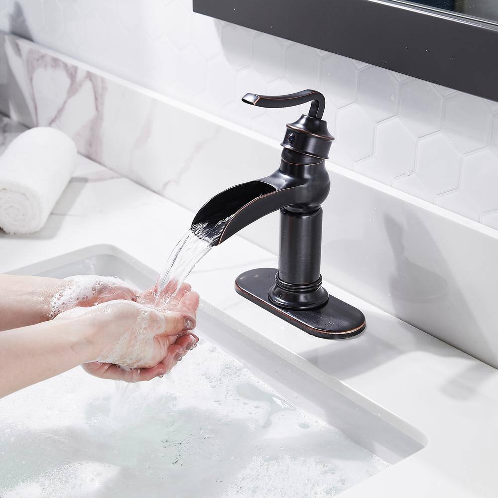 Oil Rubbed Bronze Waterfall Bathroom Sink Faucet with Pop-Up Drain