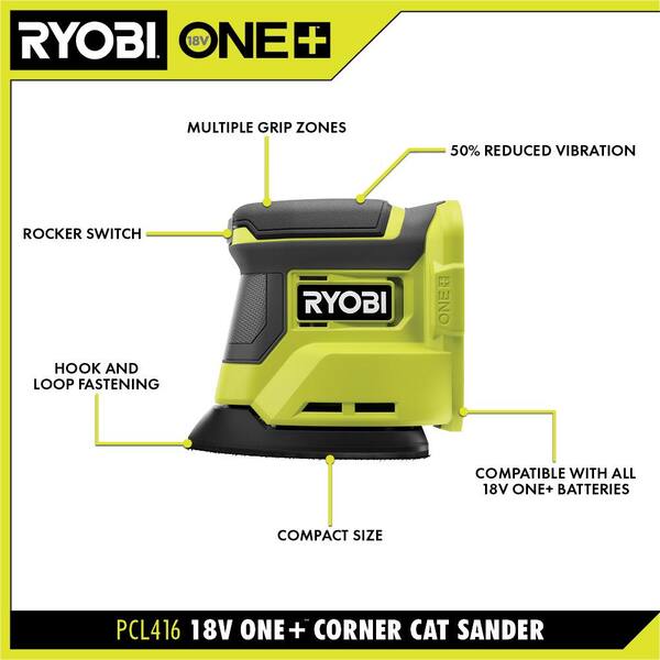 RYOBI ONE+ 18V Cordless Corner Cat Finish Sander with ONE+ RYOBI ONE+ 18V Cordless Corner Cat Finish Sander with ONE+