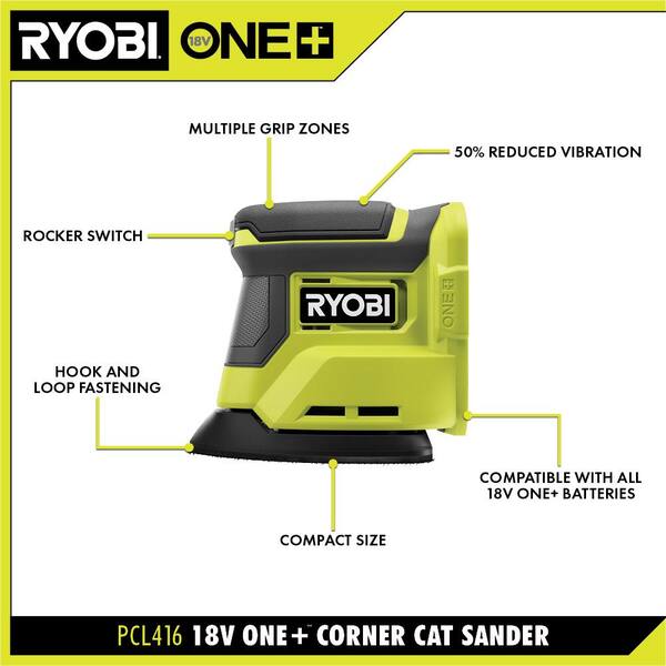 RYOBI ONE+ 18V Cordless Corner Cat Finish Sander (Tool Only) with 