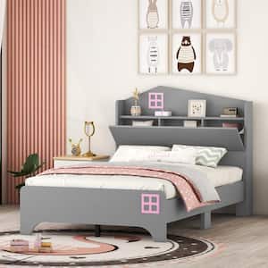 Gray Twin Size Wood House Bed with Storage Headboard, Platform Bed with Storage Shelf