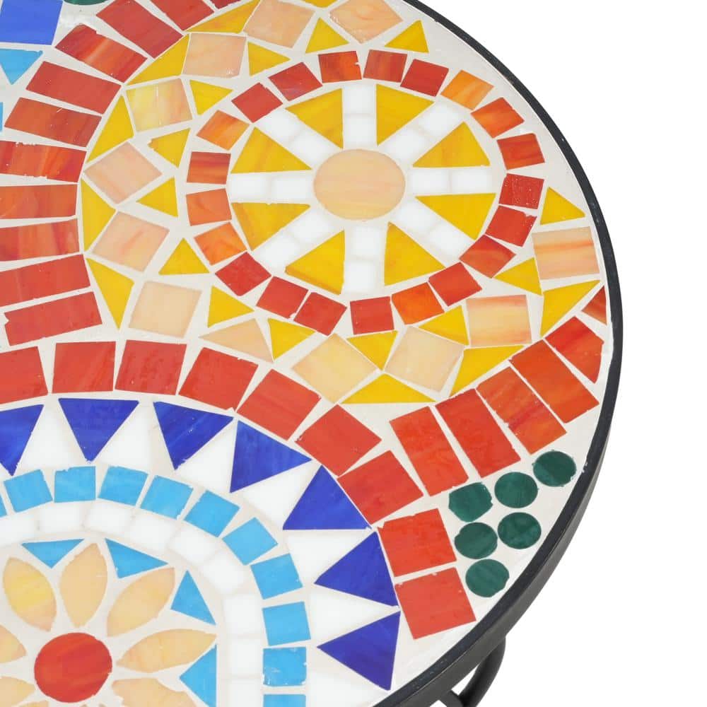 Colorful Ceramic Tile Floral Design Outdoor Accent Table with Black Iron Frame