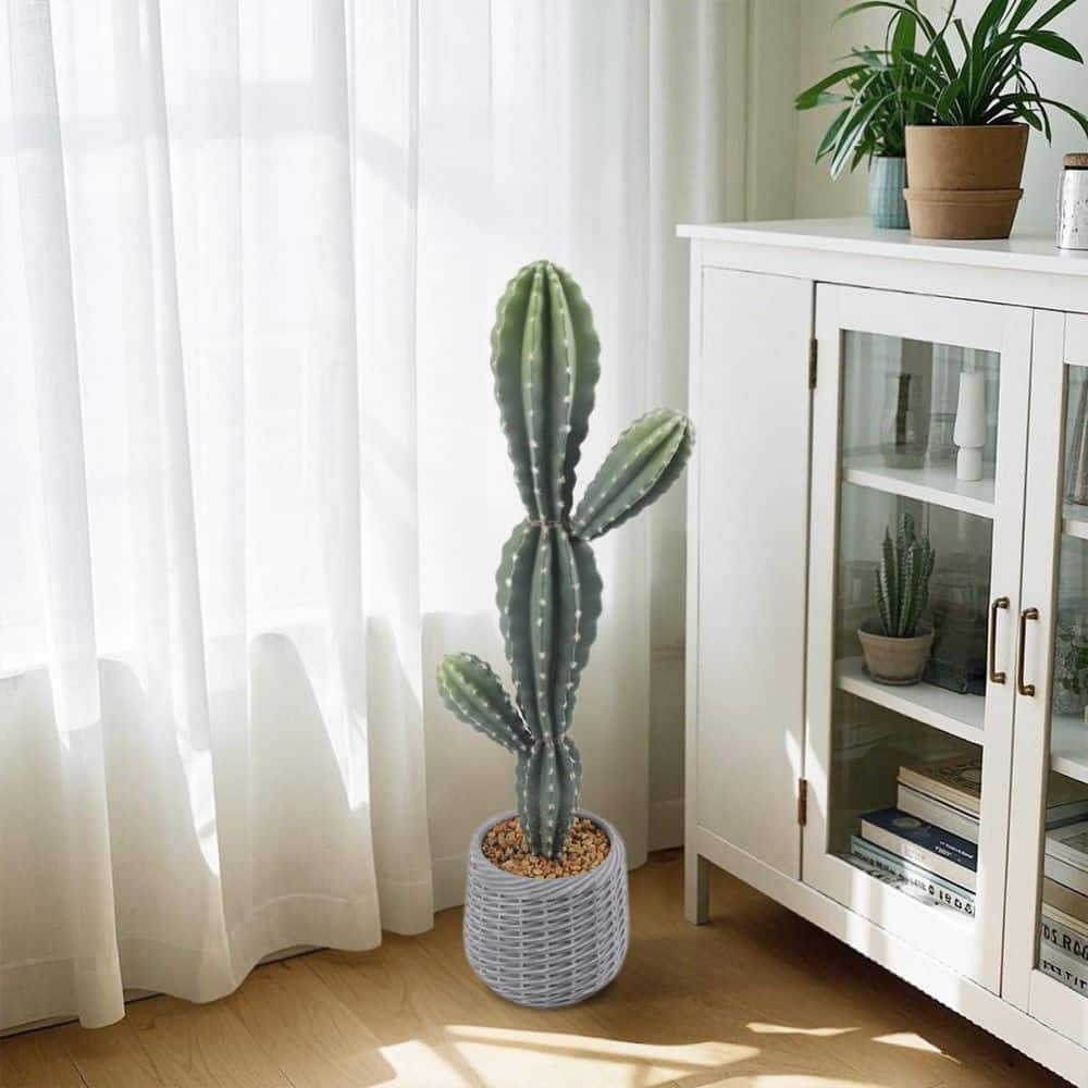 35 in. White Indoor/Outdoor Cactus Artificial Plant with Planter