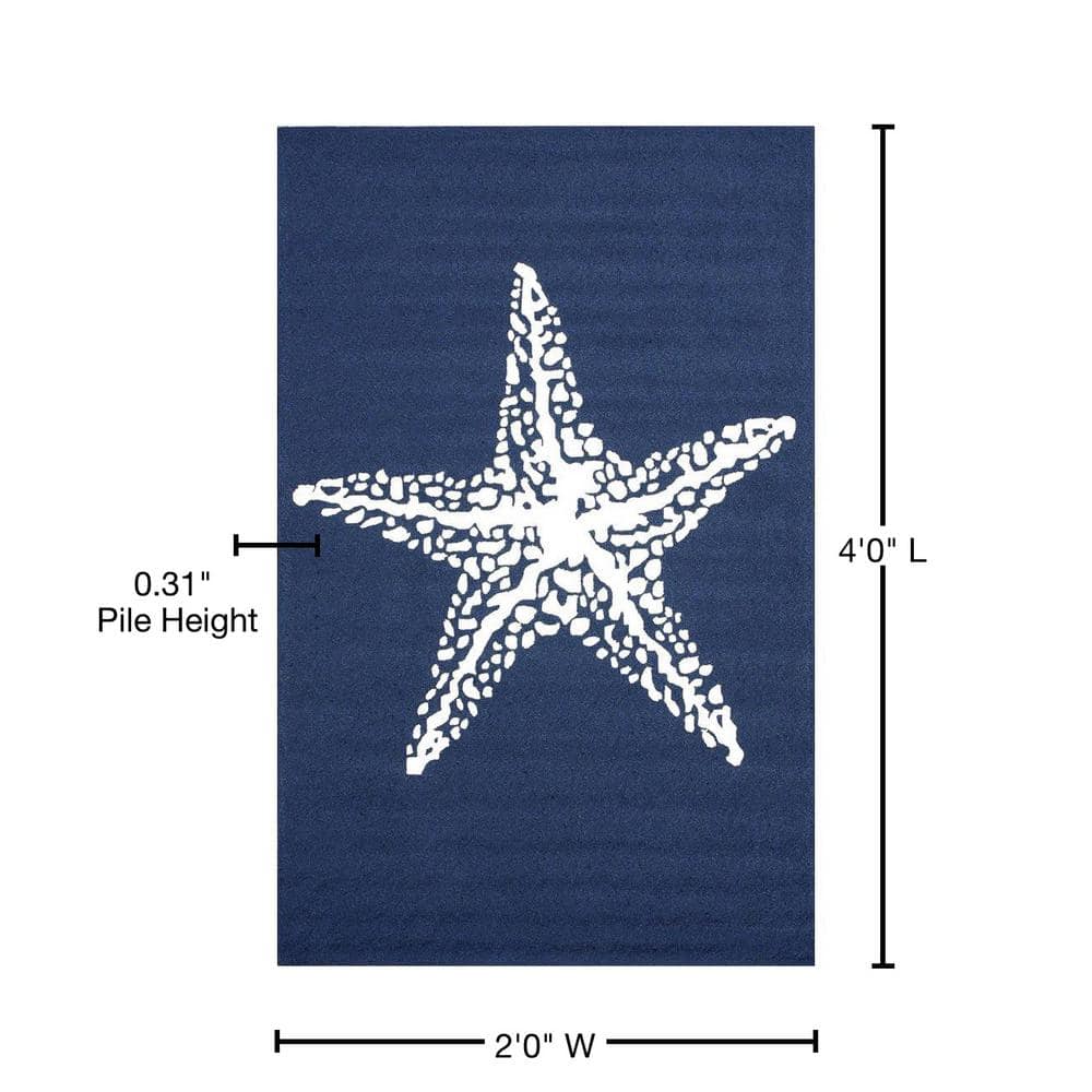 Navy Starfish Hand Hooked Synthetic 2x4 Indoor/Outdoor Rug