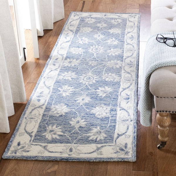 Micro Loop 2 ft. x 8 ft. Blue/Ivory Floral Runner Rug